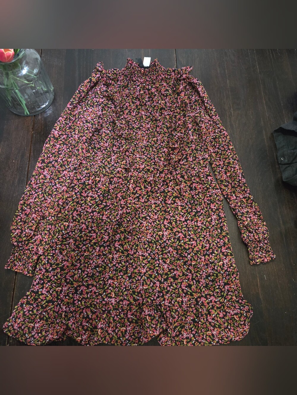 H&M Pink Floral Long-Sleeve High Neck Dress on Black